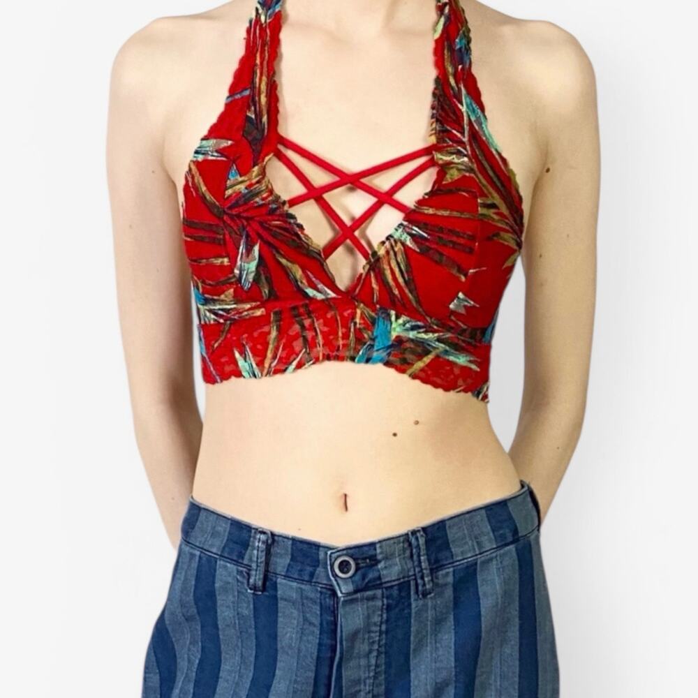 Victoria’s Secret PINK Red Tropical Lace Crossover Halter Bralette Sz XS